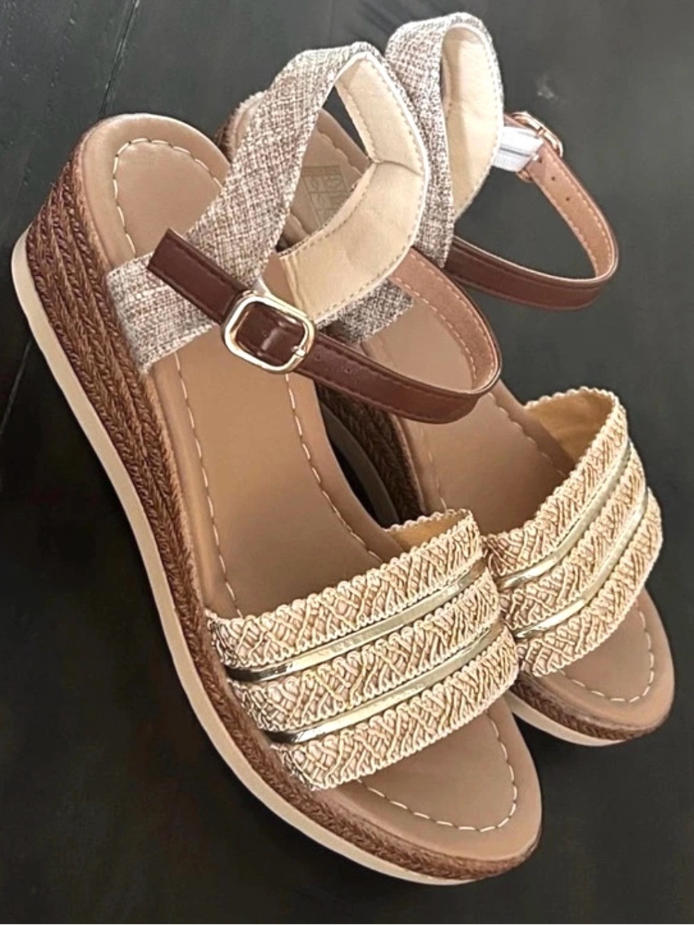 Woven Beige Platform Sandals with Ankle Strap - Women's